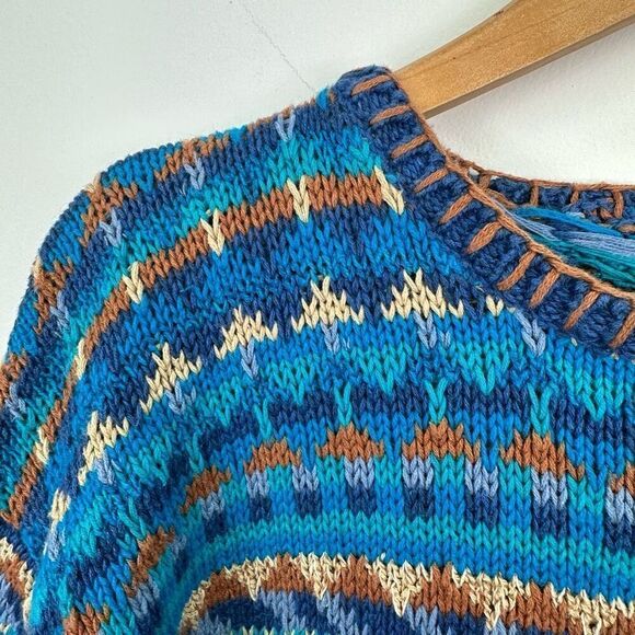 Segrets Sun Prints Teal Navy Tan Fair Isle Aztec Grandpa Chunky Knit Sweater - Picture 6 of 12